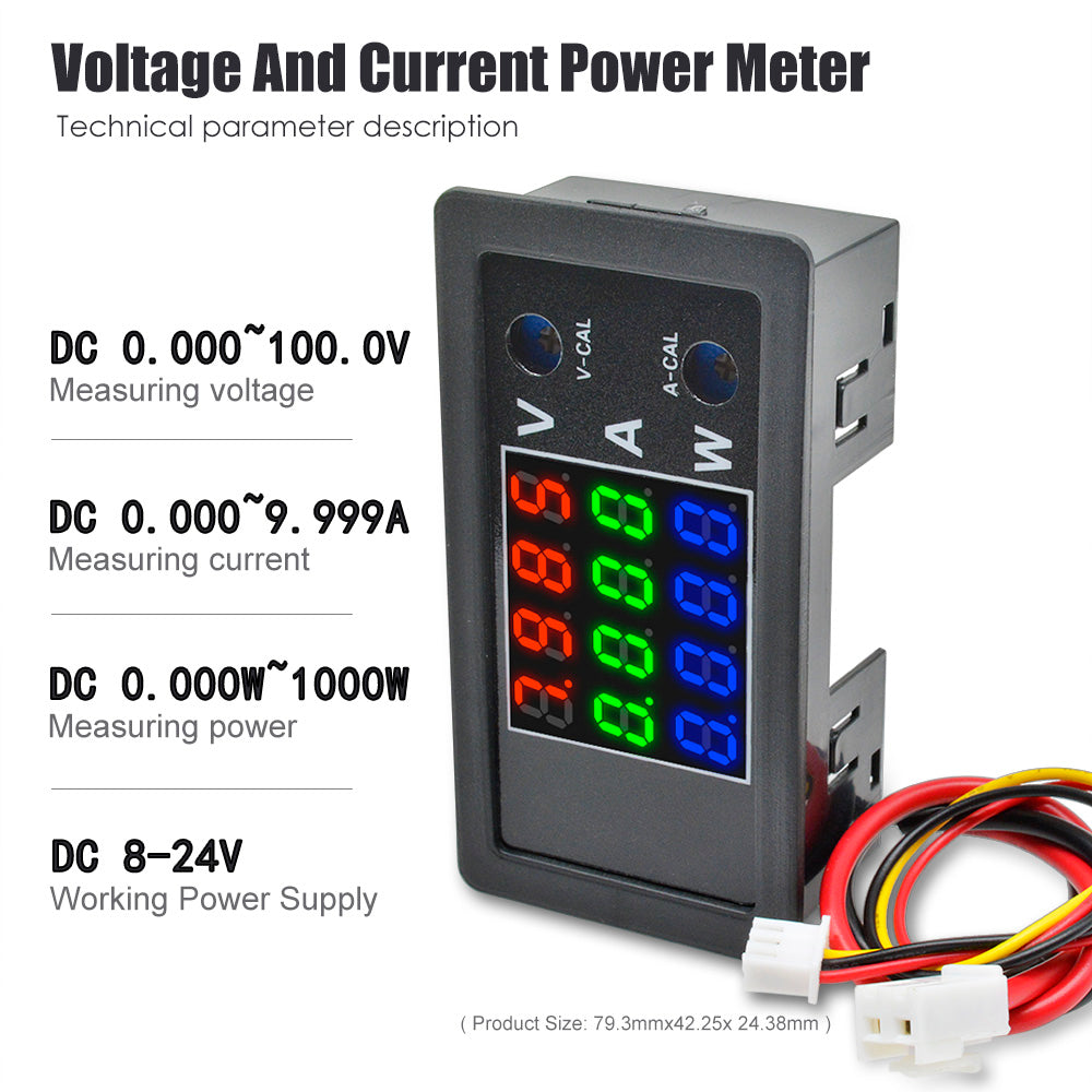 DC 100V 10A 1000W Digital Voltage Current Power Meter Thermostat Red Green Blue