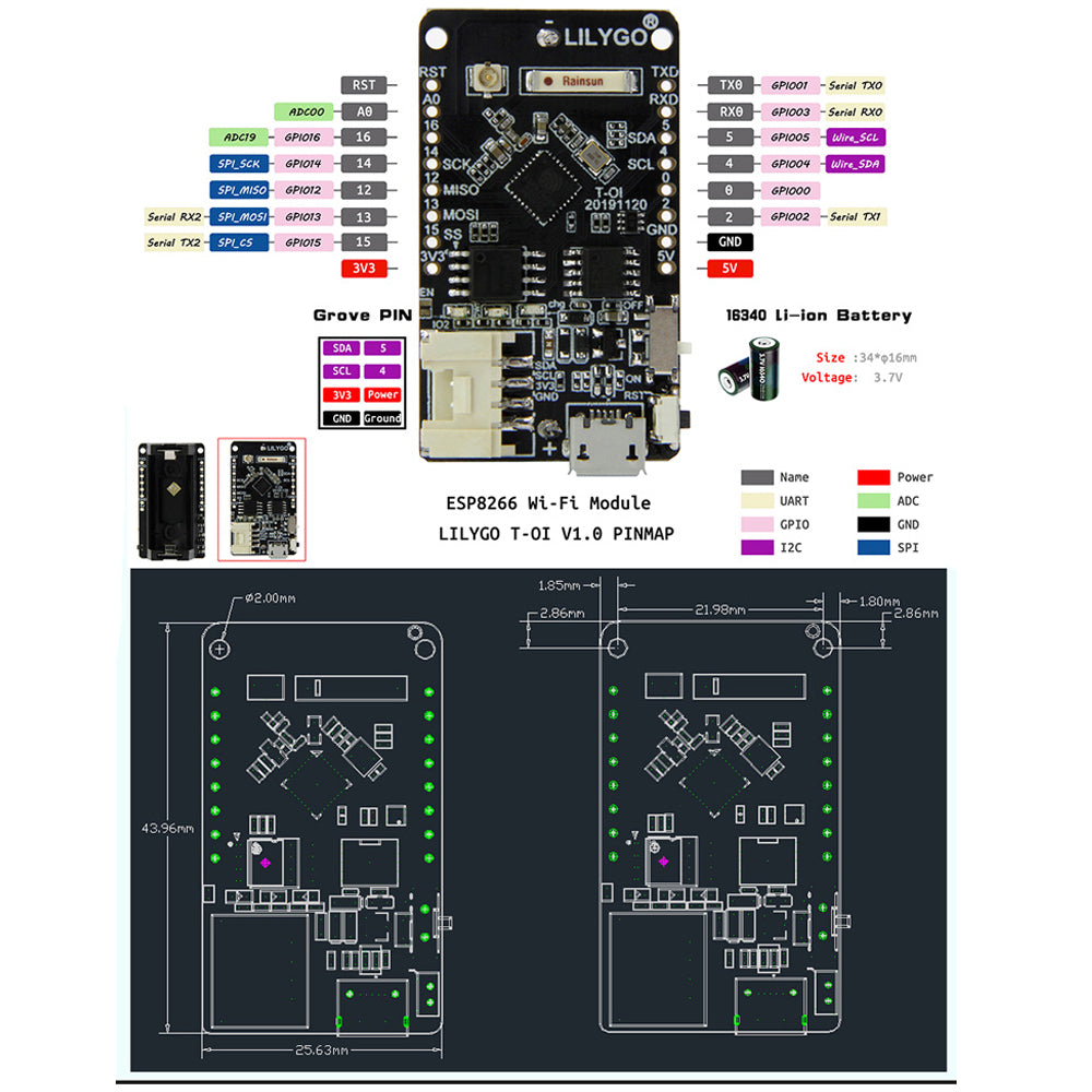 ESP8266 Rechargeable 16340 Battery Holder Compatible MINI D1 Development Board