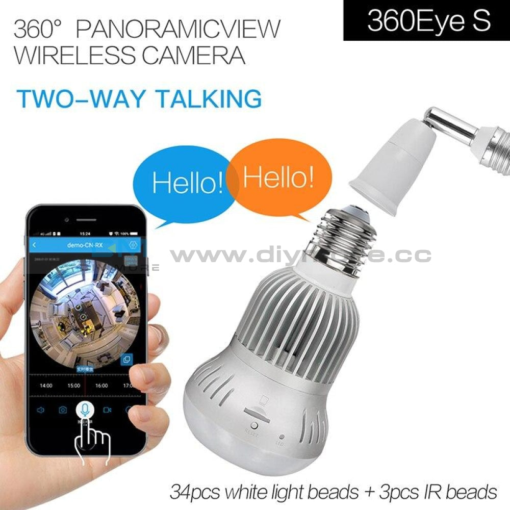 360° 1080P Wifi Wireless Panoramic Fisheye Camera Bulb Light Home Security Cctv Lamp Night On
