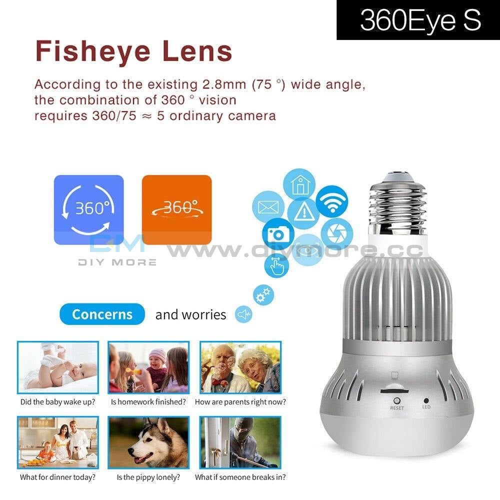 360° 1080P Wifi Wireless Panoramic Fisheye Camera Bulb Light Home Security Cctv Lamp Night On