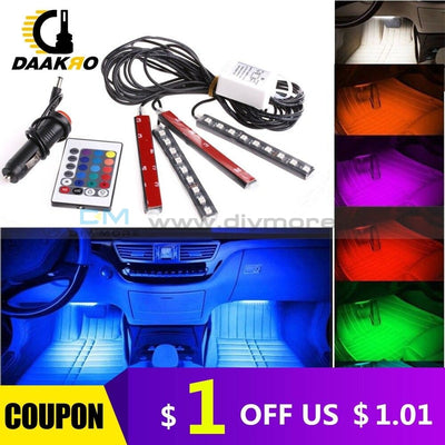 4Pcs 5050 9 Led Remote Control Cigarette Lighter Colorful Rgb Car Interior Floor Atmosphere Light