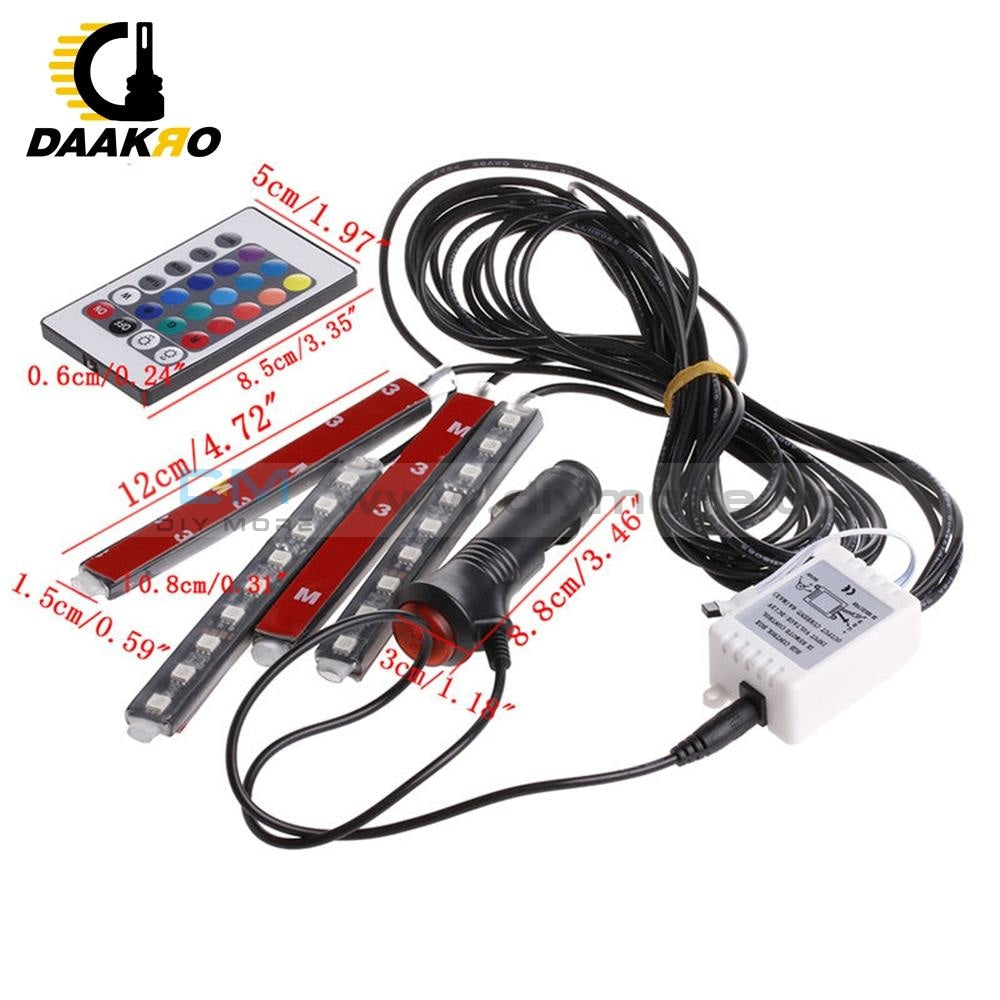 4Pcs 5050 9 Led Remote Control Cigarette Lighter Colorful Rgb Car Interior Floor Atmosphere Light