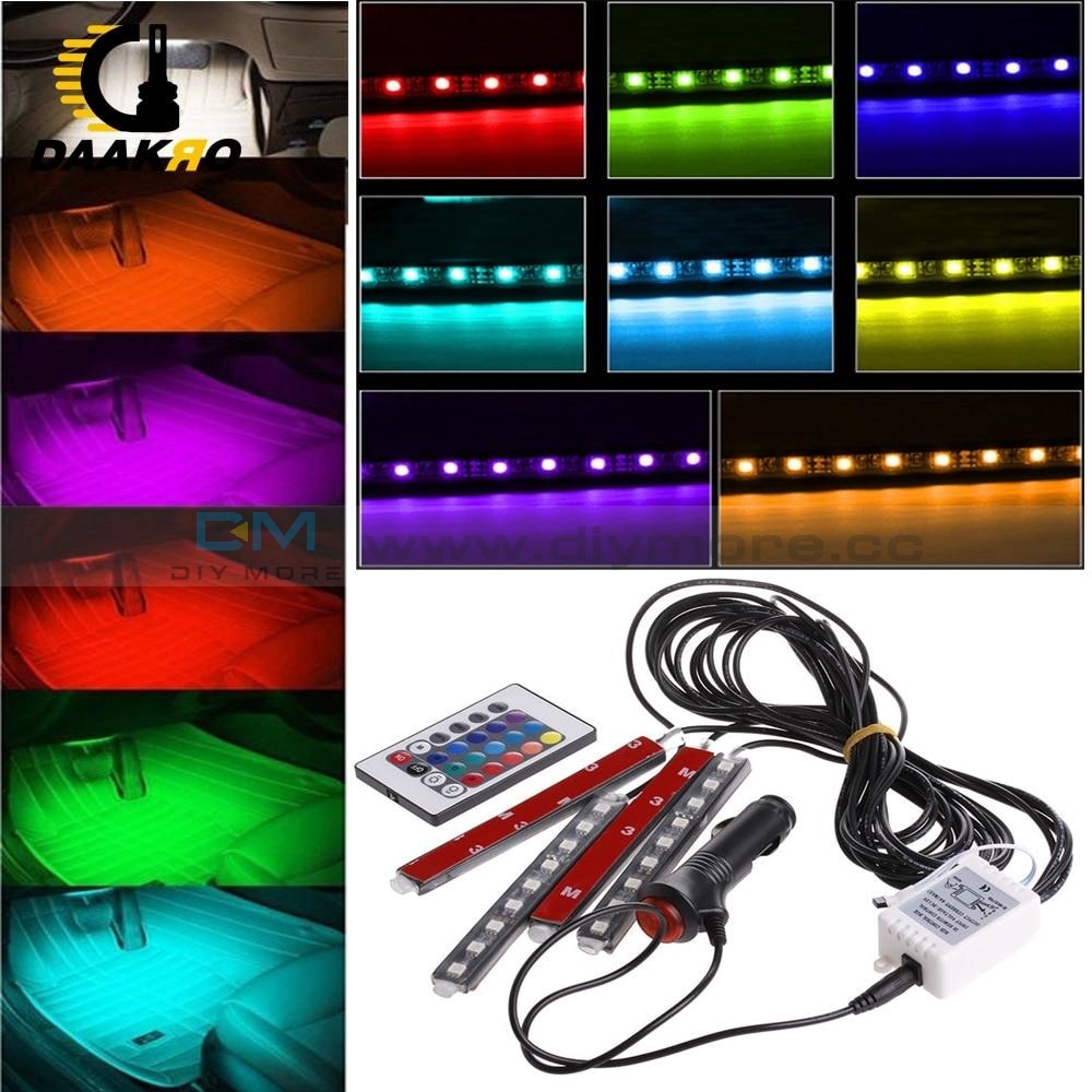 4Pcs 5050 9 Led Remote Control Cigarette Lighter Colorful Rgb Car Interior Floor Atmosphere Light