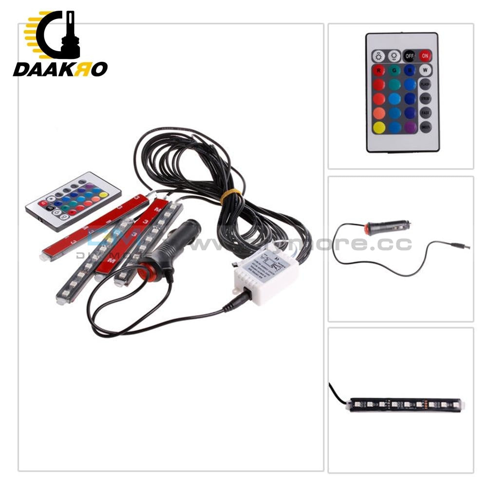 4Pcs 5050 9 Led Remote Control Cigarette Lighter Colorful Rgb Car Interior Floor Atmosphere Light