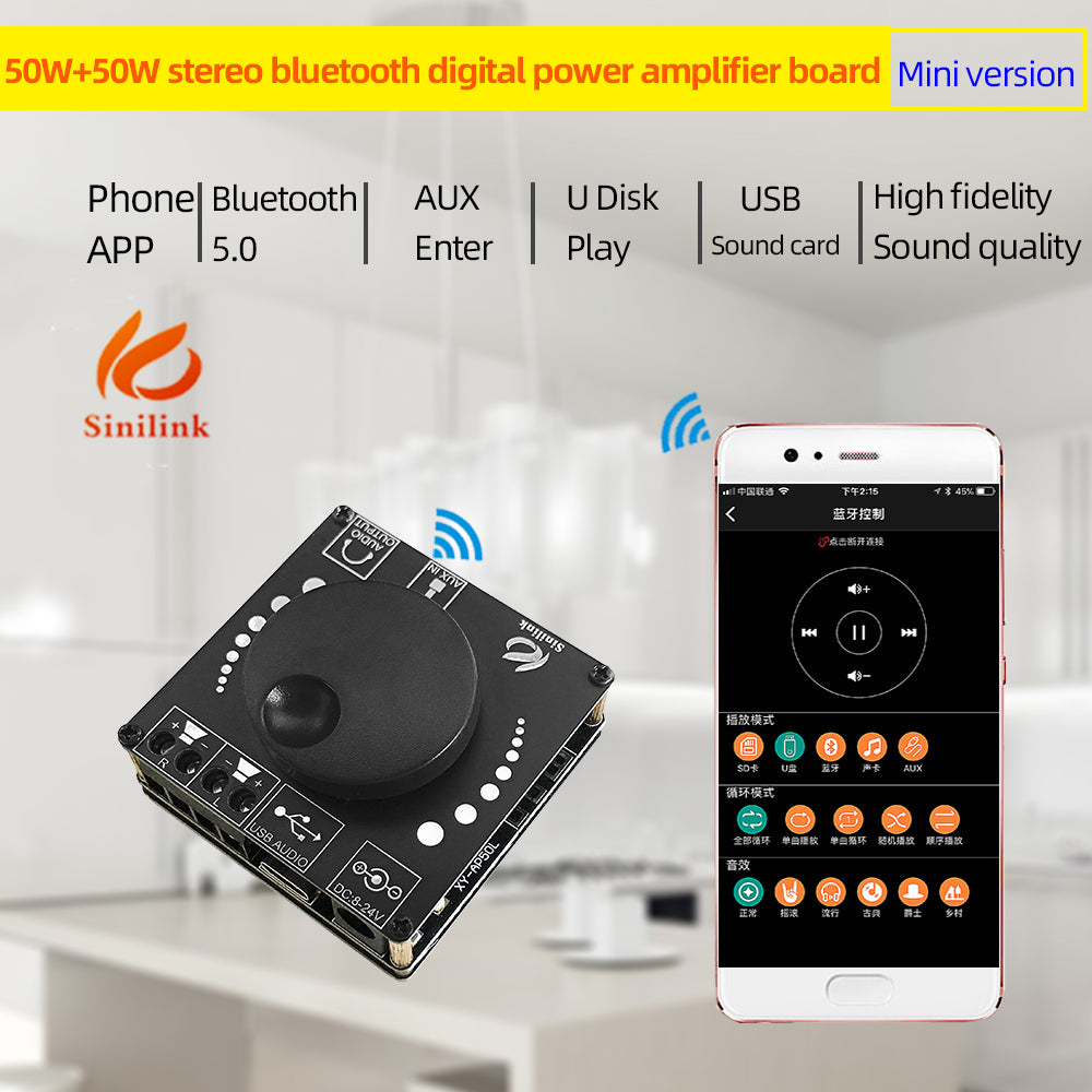 40W50WX2 Stereo Bluetooth Digital Power Amplifier Board 12V/24V2.0 Dual Channel Knob Volume Adjustment Switch