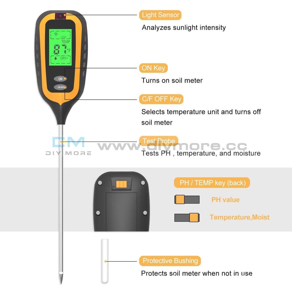 4 In 1 Digital Ph Meter Soil Moisture Monitor Temperature Sunlight Tester With Blacklight For Garden