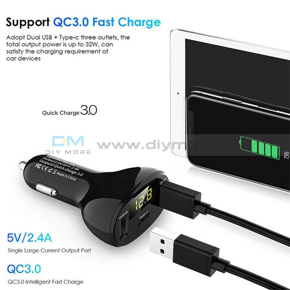 Dual Usb Car Charger With Led Display Qc3.0 Quick Charge 3 Type C Port Fast Universal Mobile Phone