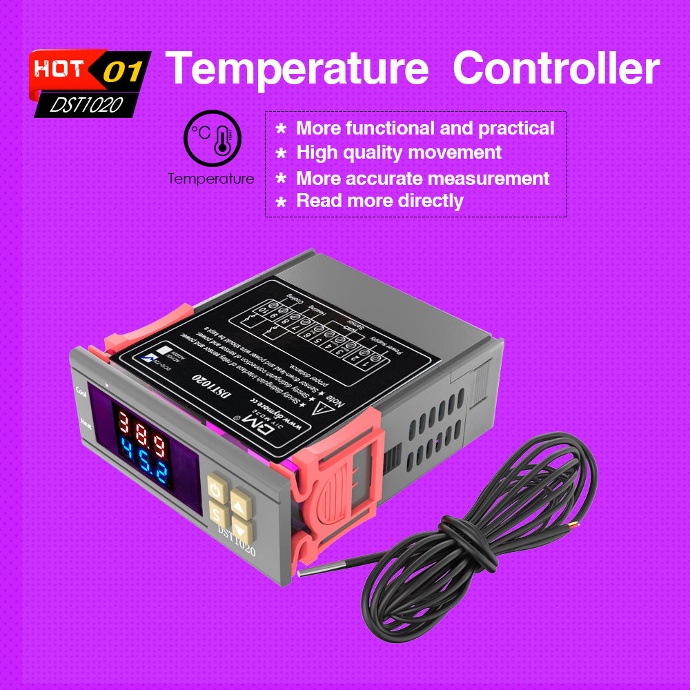 DST1020 DC12V -72V Dual Display Digital Temperature Control Controller Thermostat DS18B20 Sensor Waterproof Replace STC-1000