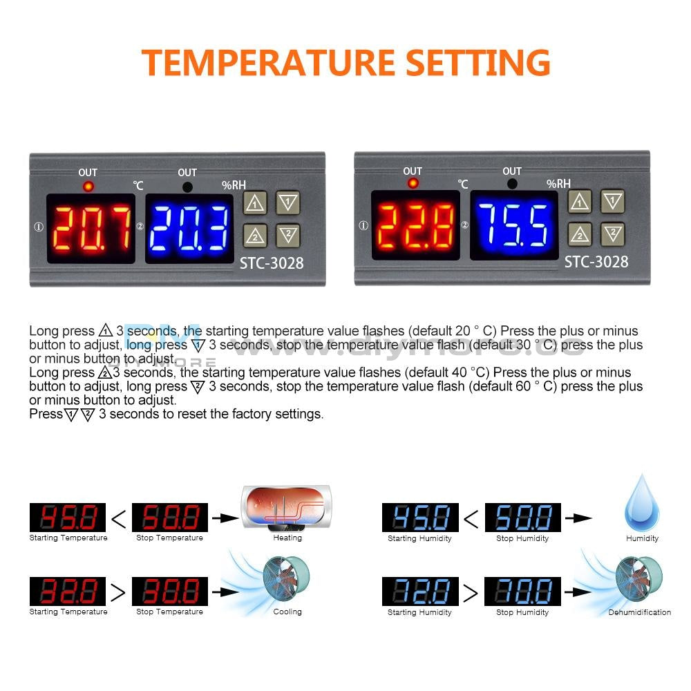 Stc-3028 Dc12V 10A Digital Dual Led Temperature & Humidity Controller Thermostat