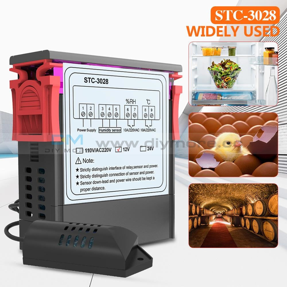 STC-3028 Dual LED Temperatur- & Luftfeuchtigkeitsregler Thermostat + Sonde, DC 12V, 10A