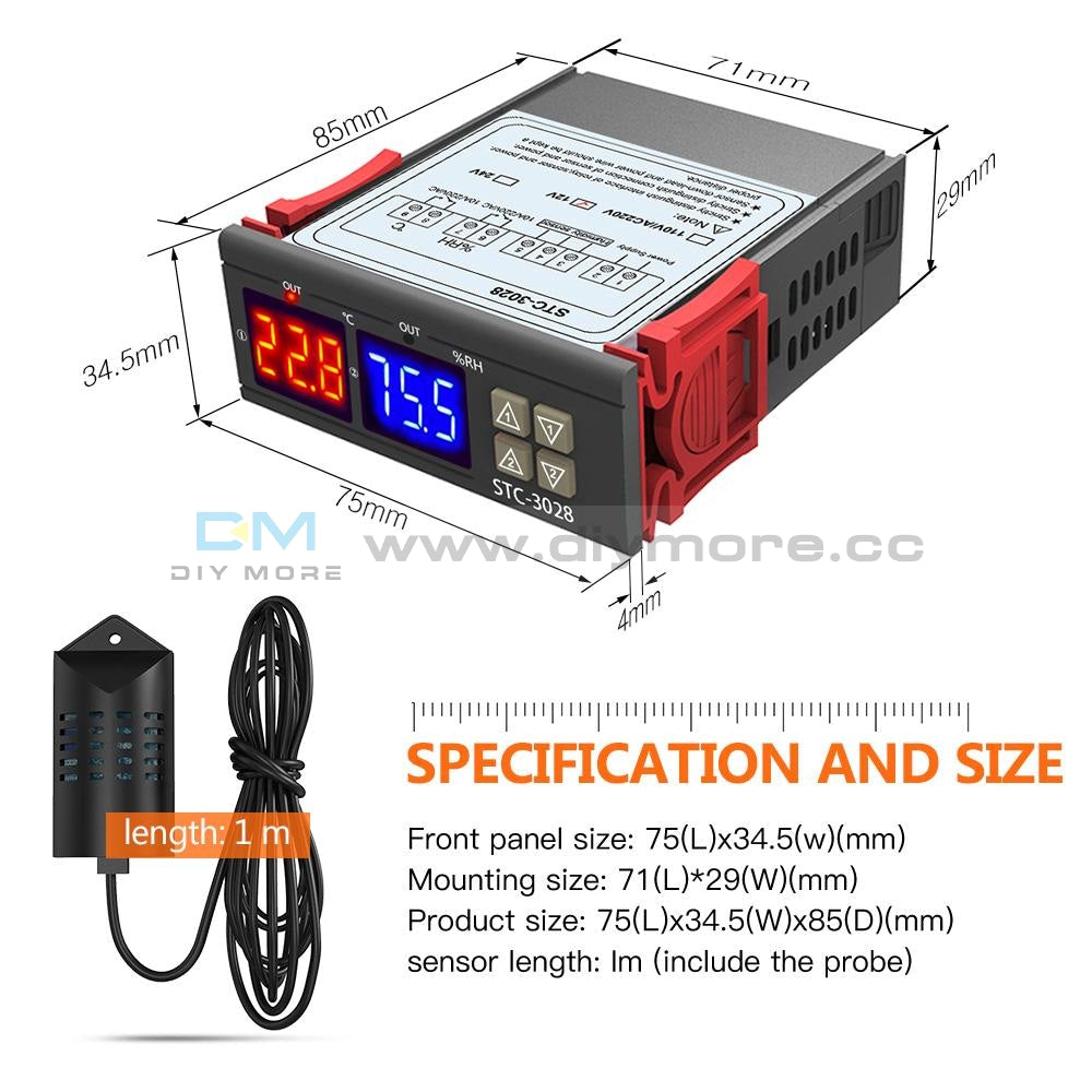 Stc-3028 Dc12V 10A Digital Dual Led Temperature & Humidity Controller Thermostat