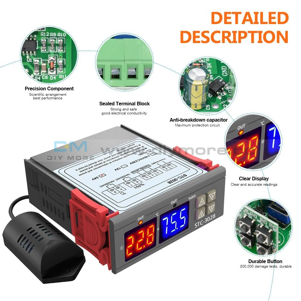 Dc24V 10A Digital Dual Led Temperature & Humidity Controller Stc-3028 Thermostat