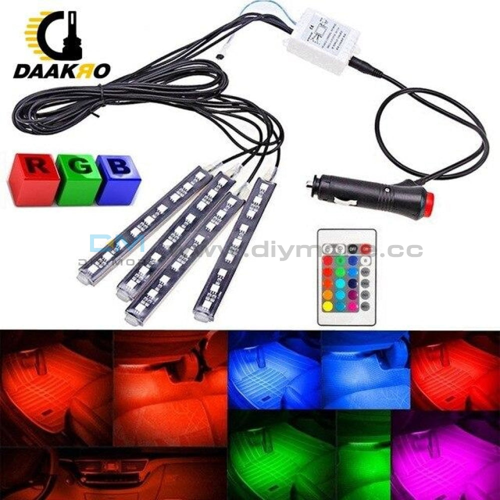 4Pcs 5050 9 Led Remote Control Cigarette Lighter Colorful Rgb Car Interior Floor Atmosphere Light